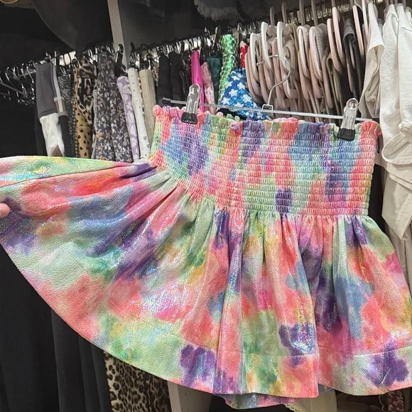 QUEEN OF SPARKLES Multicolor Tie-Dye Smocked Mini Skirt with Shimmer - Picture 3 of 3